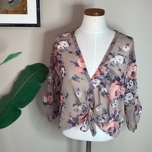 Anthro Pins and Needles Sheer Floral Two Button Flowy V Neck Blouse, Size S